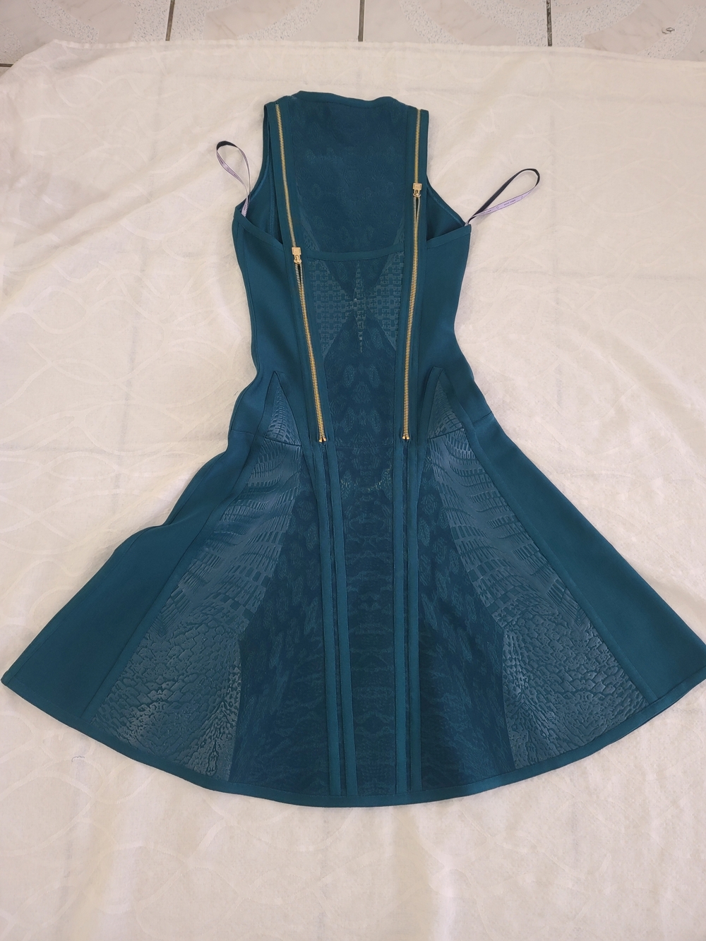 Herve Leger Teal Asymmetrical Zip Fit-and-Flare Midi Dress - Picture 12 of 13
